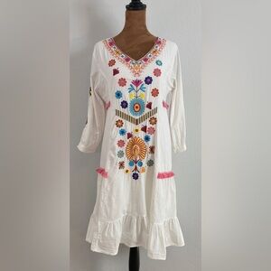 Shineflow Boho‎ Embroidered Dress White Folk Floral Tassel Tiered S